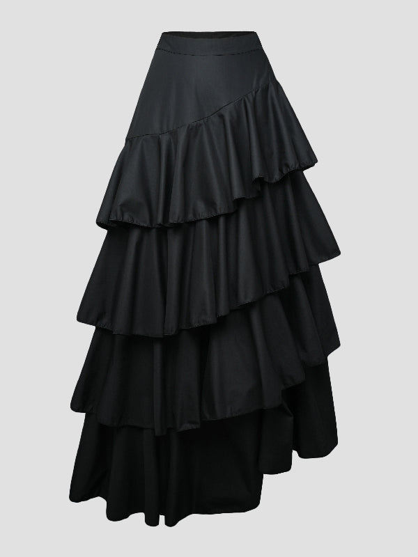 Jupe longue coupe trapèze, taille haute, à falbalas, couleur unie