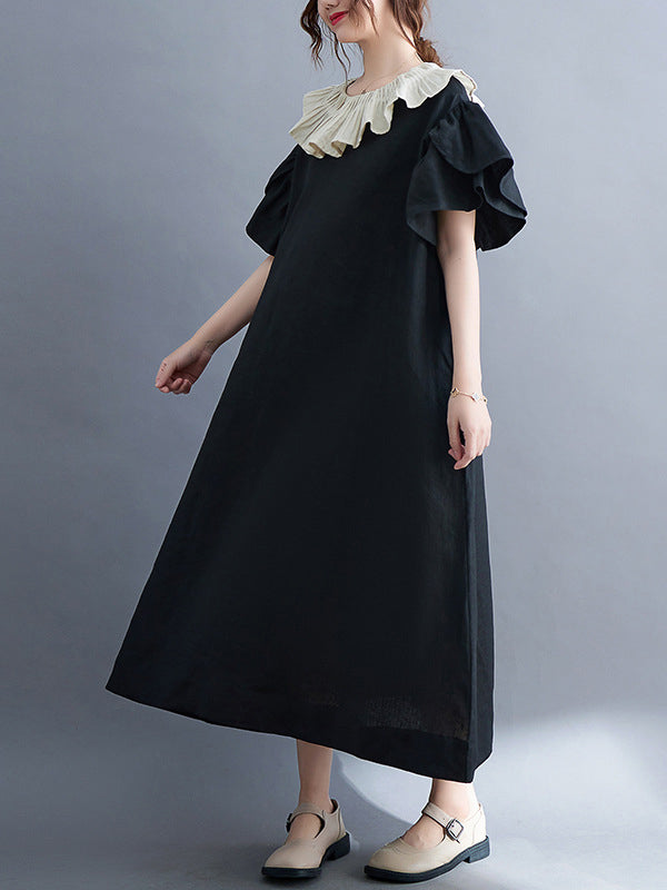 Robe mi-longue vintage, à falbalas, couleur contrastée