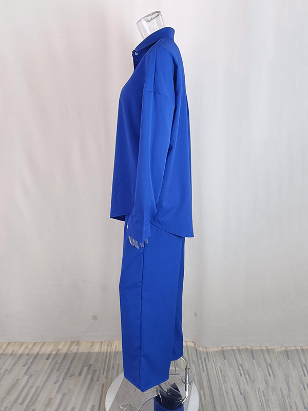 Ensemble deux pièces boutonné à manches longues, à poches, à col revers, à taille élastique, taille haute, couleur unie – chemise + haut + pantalon