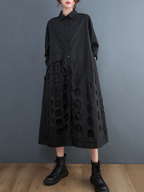 Robe mi-longue asymétrique ajourée coupe trapèze, à manches longues, à pois, à col revers, couleur unie