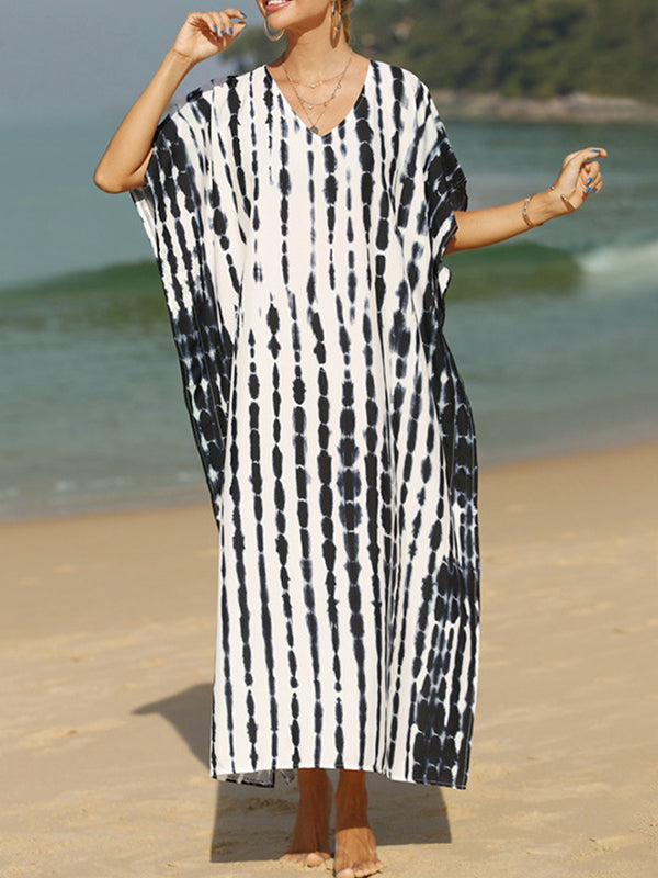 Robe longue ample imprimée fendue sur le côté à manches courtes, anti-UV, à col en V