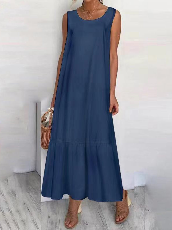 Robe longue ample transparente grande taille, à empiècements, à col rond, couleur unie