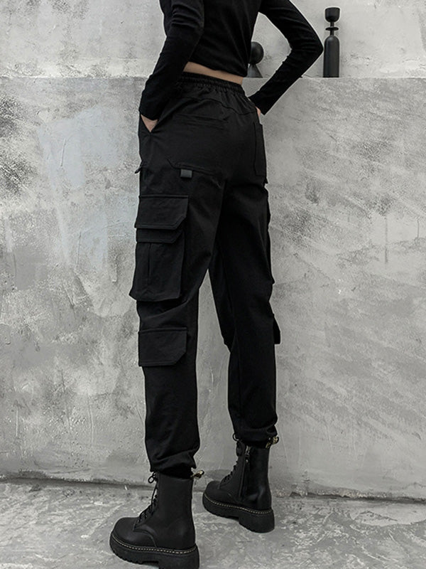 Pantalon salopette décontracté noir empire punk avec cordon de serrage élégant