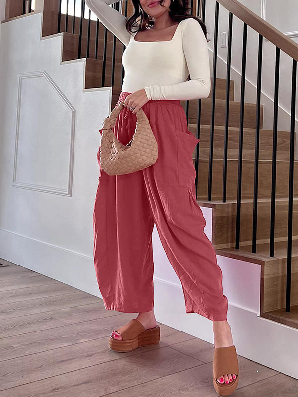 Pantalon ample plissé taille haute, à cordon de serrage, à taille élastique, à poches, couleur unie