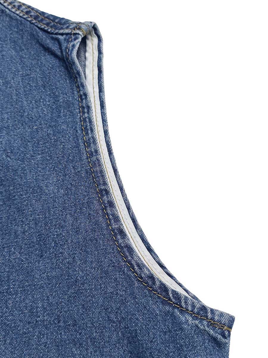 Combinaison plissée taille haute, sans manches, à poches, à fermeture éclair, à col rond, couleur unie