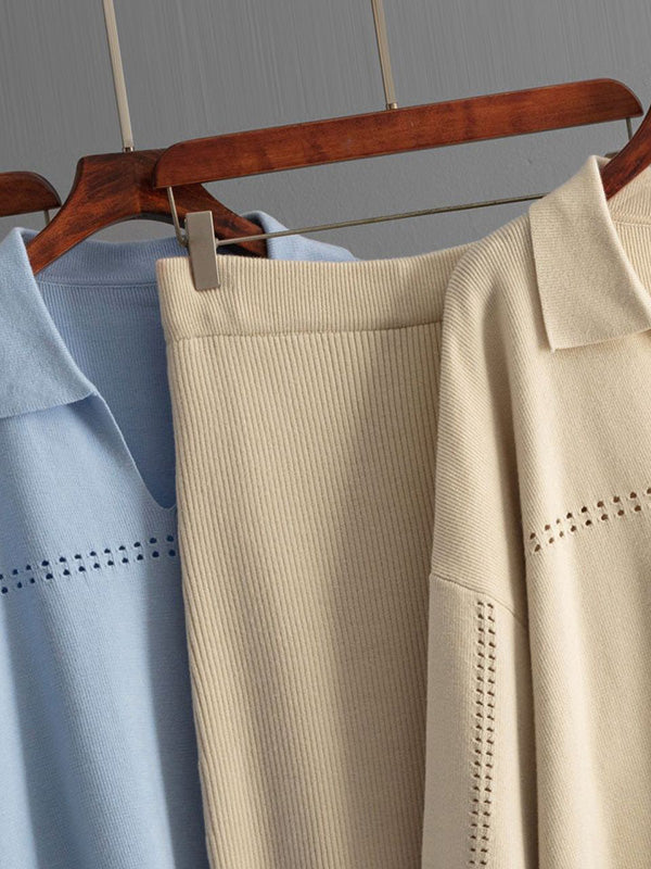 Ensemble deux pièces ample ajouré à manches bouffantes, à taille élastique, couleur unie – pull + jupe