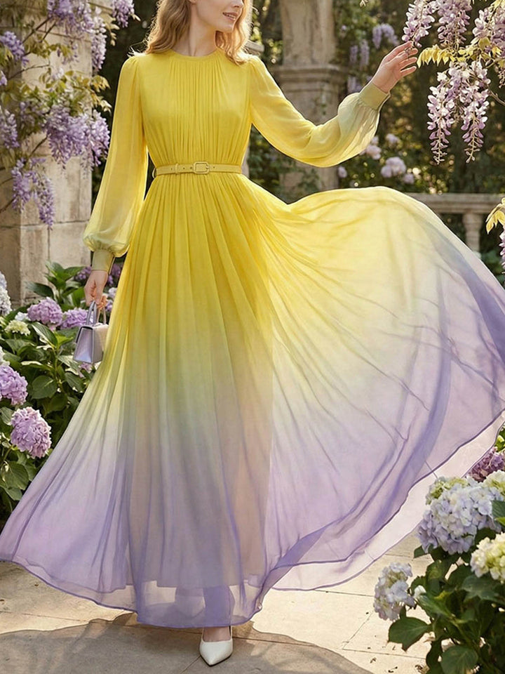 Robe longue plissée taille haute, à manches longues, avec ceinture, en dégradé, à empiècements, à col rond, couleur contrastée