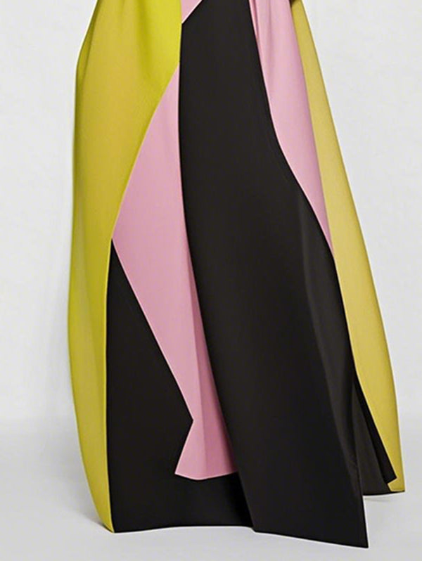 Trapèze Ample Color-Block Plissé Jointure Fendue Col Rond Robes longues