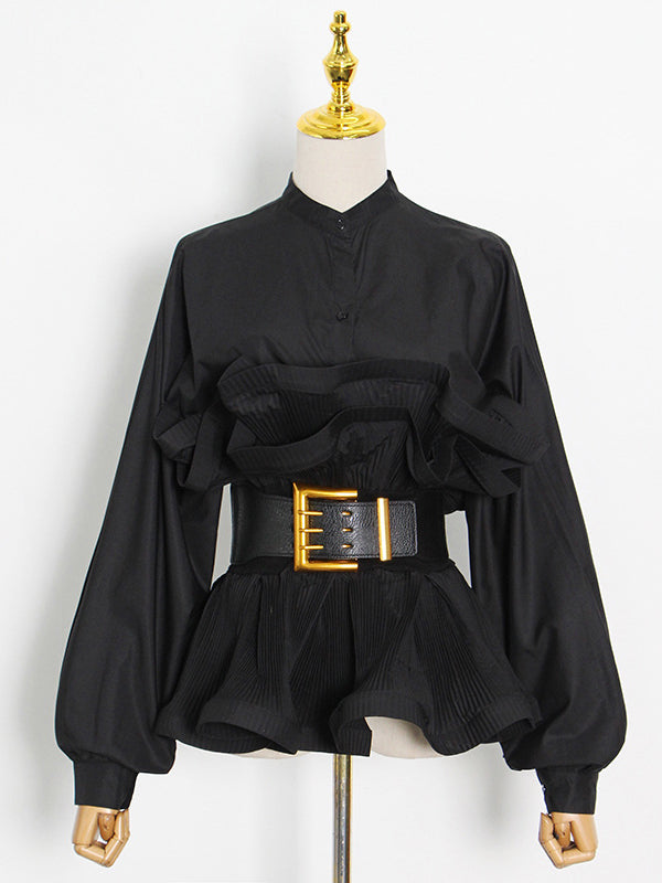 Chemisier élégant ample boutonné à manches longues, à falbalas, avec ceinture, à col montant, couleur unie