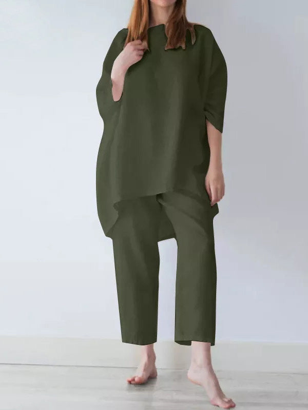 Ensemble deux pièces décontracté ample à manches longues, couleur unie – t-shirt + pantalon