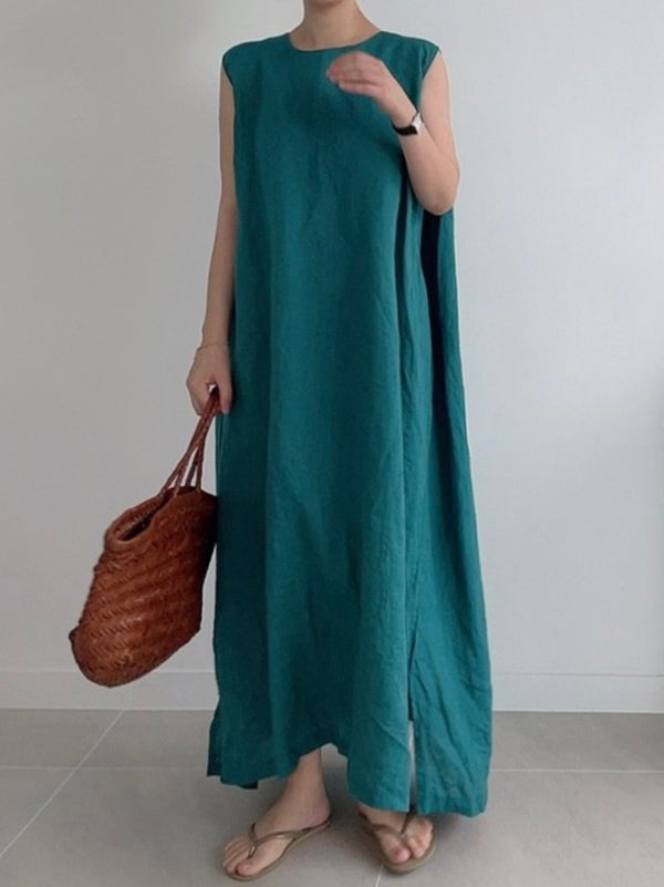 Robe mi-longue décontractée simple fendue sur le côté à col rond, sans manches, couleur unie