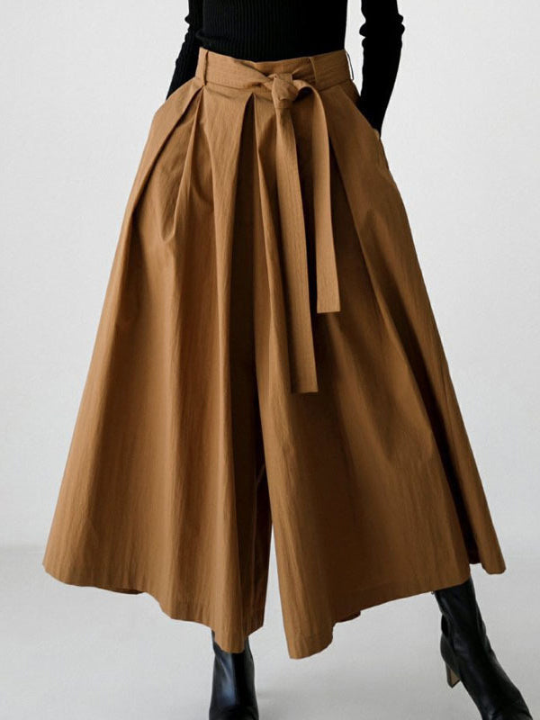 Pantalon ample plissé taille haute, à taille nouée, à jambes larges, couleur unie