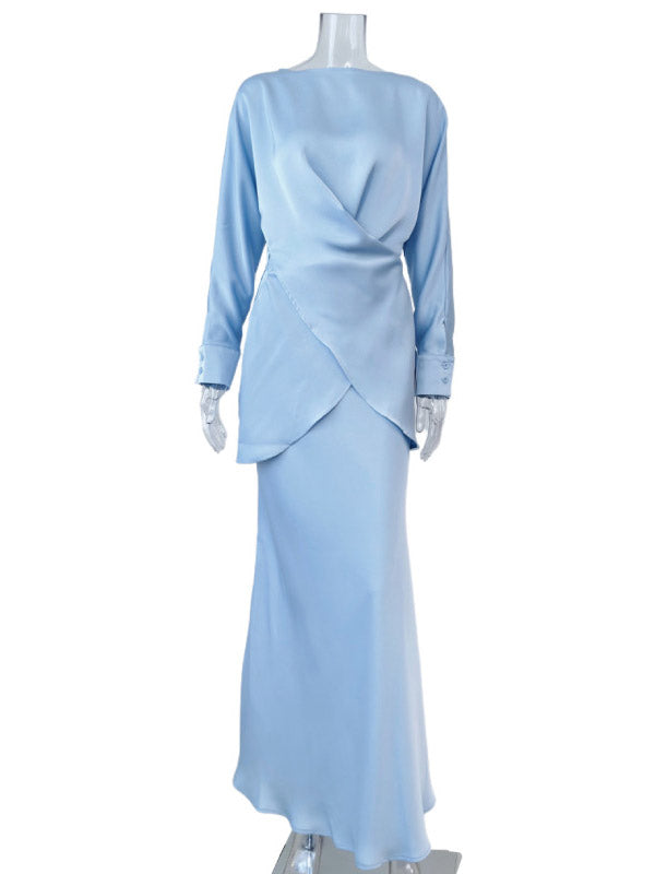Ensemble deux pièces ample à empiècements, à col bateau, à manches longues, couleur unie – chemisier + chemise + jupe