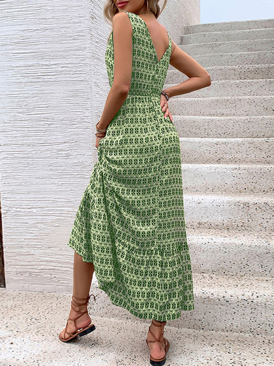 Robe longue imprimée taille haute, sans manches, à taille nouée, à col en V, couleur contrastée
