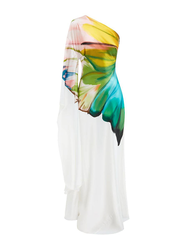 Robe longue ample asymétrique à manches longues, à imprimé floral, asymétrique à une épaule