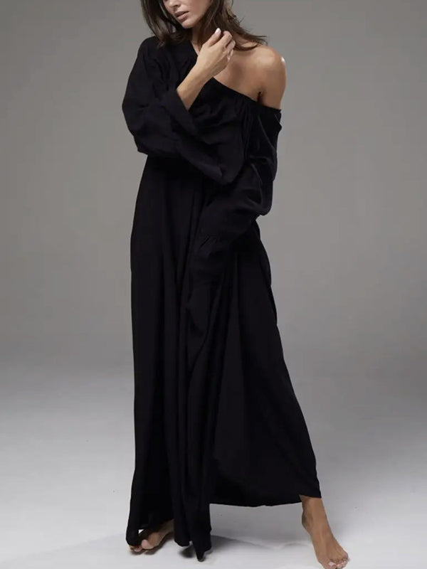 Robe longue plissée coupe trapèze, à manches évasées, à empiècements, à col rond, couleur unie