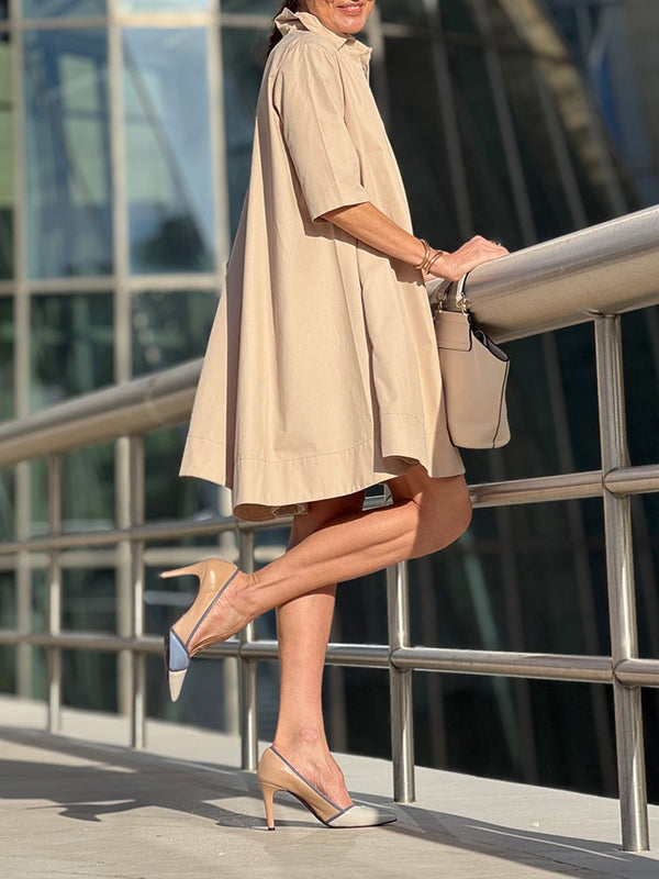 Robe chemise coupe trapèze, à manches courtes, à empiècements, à col revers, couleur unie
