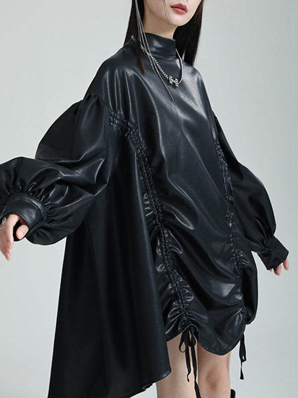 Robe courte plissée à ourlet plongeant, à manches longues, à cordon de serrage, à col montant, couleur unie