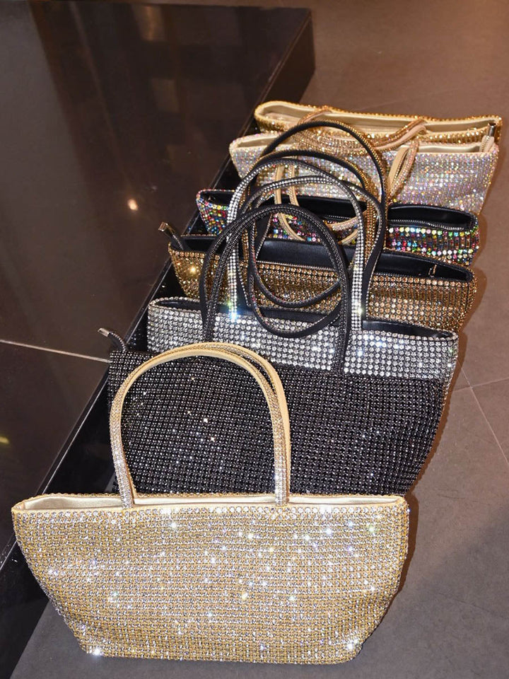 Sac besace à fermeture éclair, à strass, couleur unie