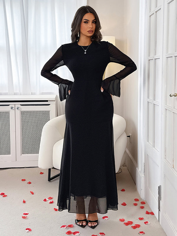 Robe longue transparente à taille élastique, à manches évasées, à empiècements, à col rond, couleur unie