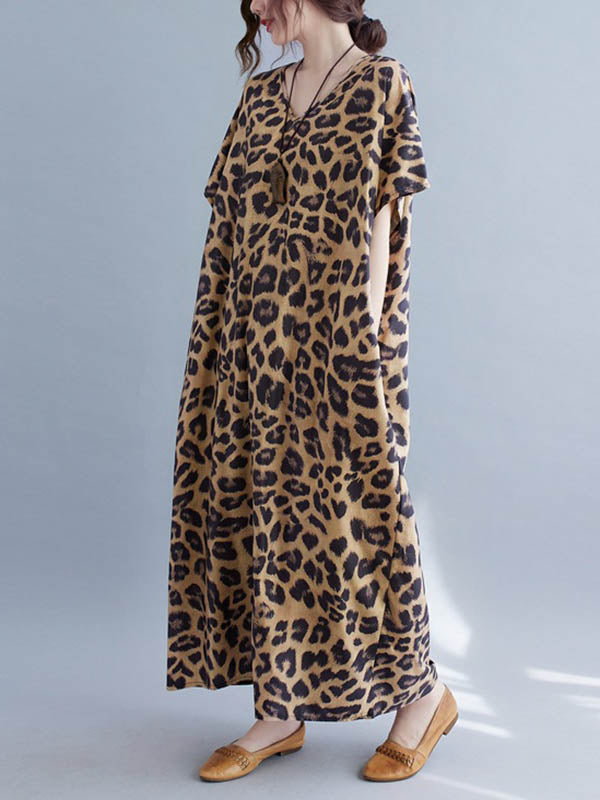 Robe longue ample à imprimé léopard, à col en V, à manches chauve-souris