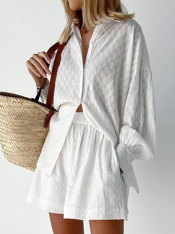 Ensemble deux pièces boutonné à ourlet plongeant, à manches longues, en jacquard, à col revers, couleur unie – chemise + haut + short