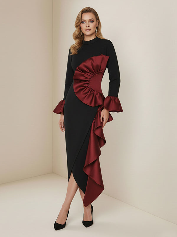 Robe mi-longue moulante asymétrique volantée à manches évasées, à fermeture éclair, à col montant, couleur contrastée