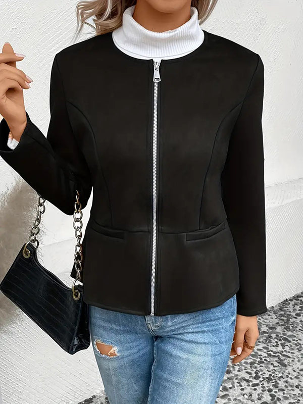 Veste ample à manches longues, à poches, à empiècements, à fermeture éclair, à col rond, couleur unie