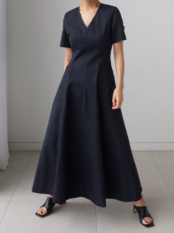 Robe mi-longue simple décontractée plissée couleur unie