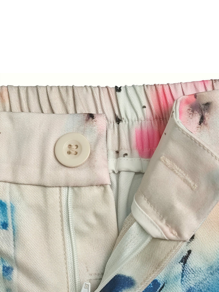 Bas de pantalon en Jean taille haute, jambe large, boutonné, couleur contrastée, poches imprimées graffitis