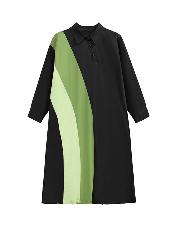 Robe chemise ample asymétrique boutonnée à manches longues, à empiècements, à col revers, couleur contrastée