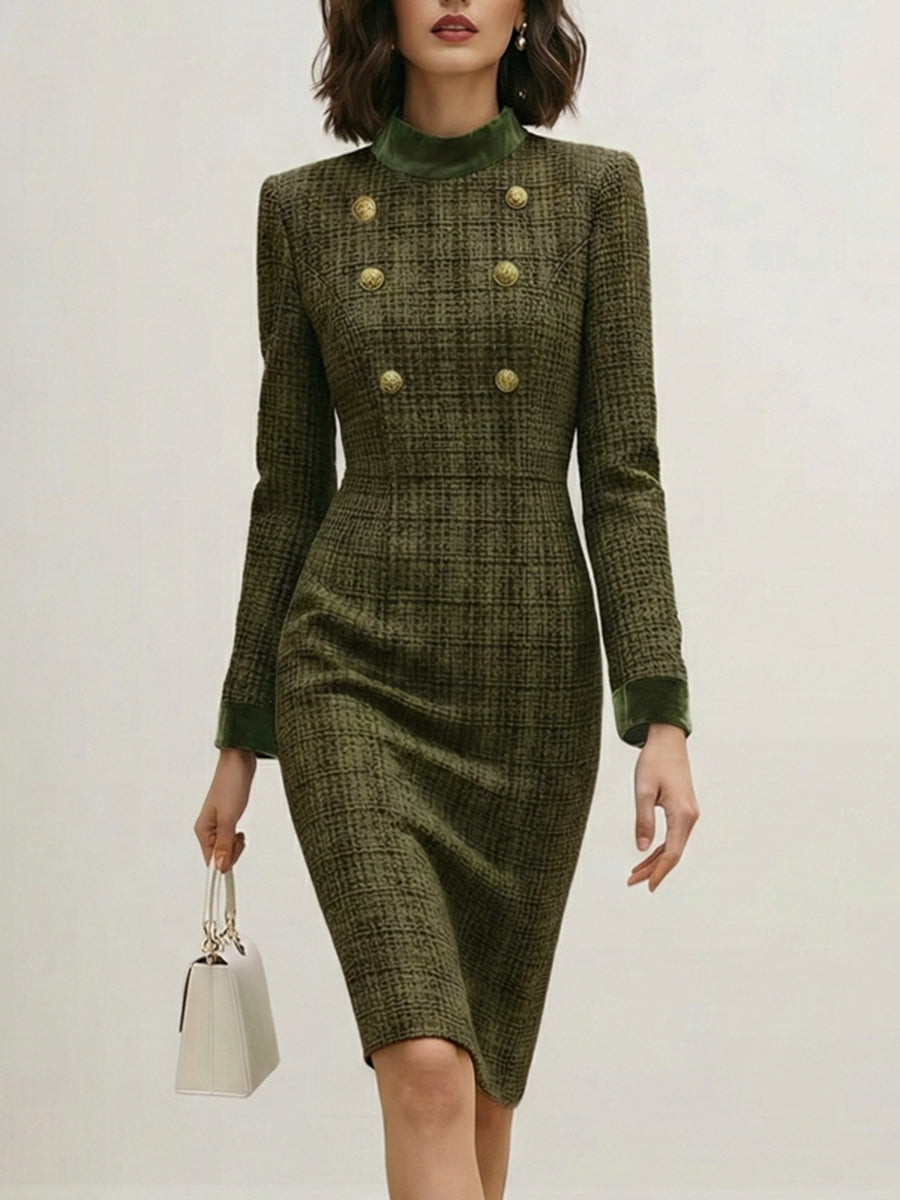Robe mi-longue boutonnée taille haute, à manches longues, à empiècements, à fermeture éclair, à col cheminée, couleur unie