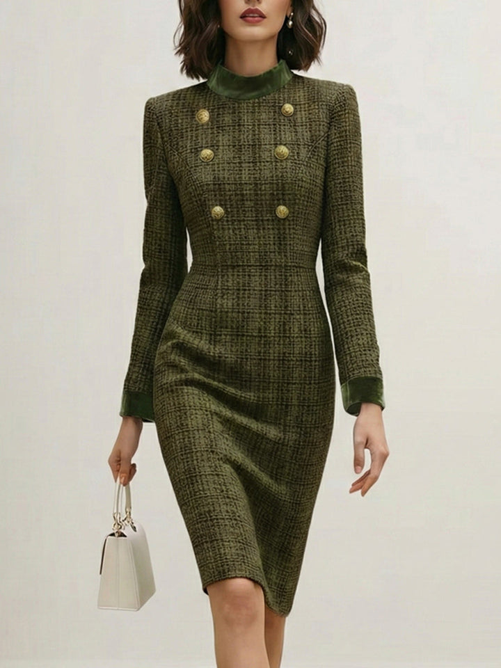 Robe mi-longue boutonnée taille haute, à manches longues, à empiècements, à fermeture éclair, à col cheminée, couleur unie