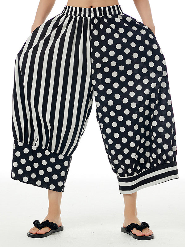 Pantalon ample rayé à jambes larges, à taille élastique, à pois, à empiècements, couleur contrastée