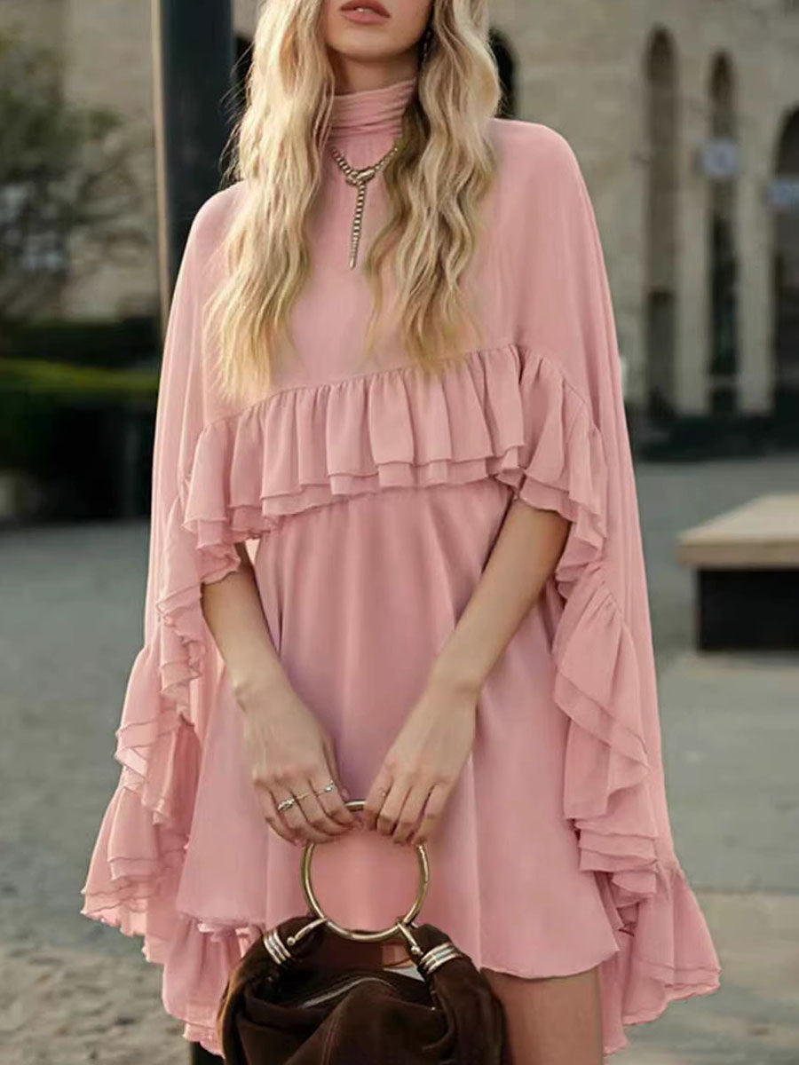 Robe courte ensemble deux pièces plissée volantée nouée taille haute, sans manches, à empiècements, à col cheminée, couleur unie