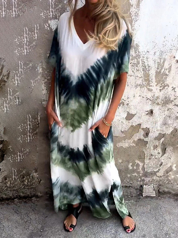 Robe trapèze ample avec poches de couleur contrastée et col en V teint par nouage