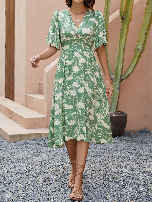 Robe mi-longue boutonnée plissée coupe trapèze, à manches mi-longues, à col en V, couleur contrastée
