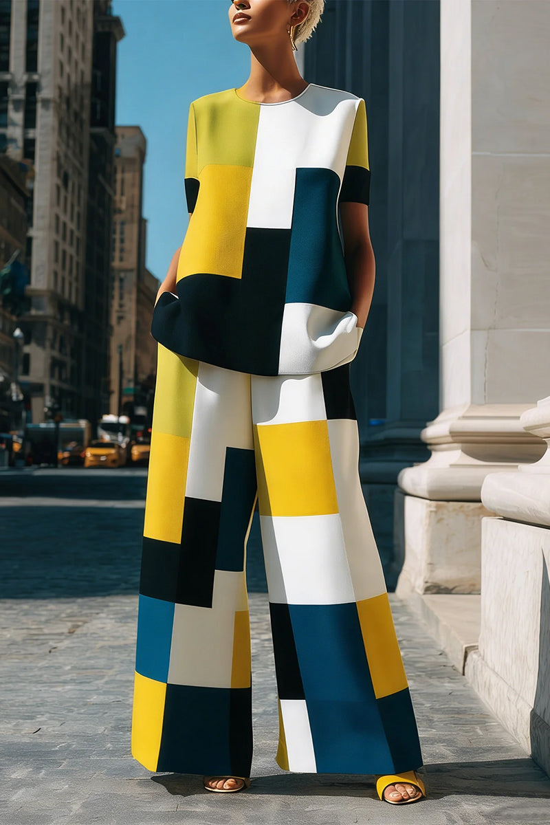 Pantalon ample taille haute, à poches, à empiècements, couleur contrastée