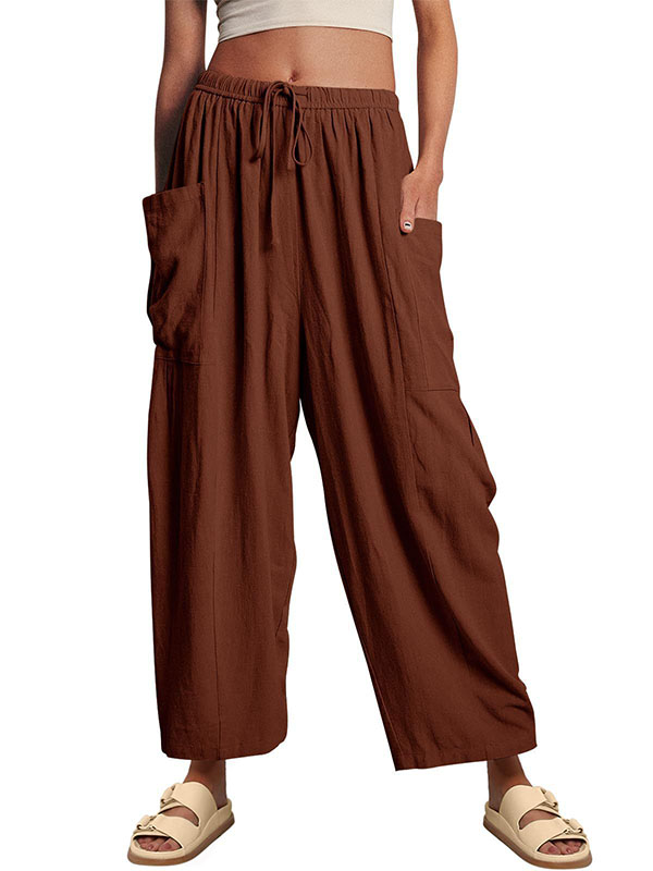Pantalon ample plissé taille haute, à cordon de serrage, à taille élastique, à poches, couleur unie