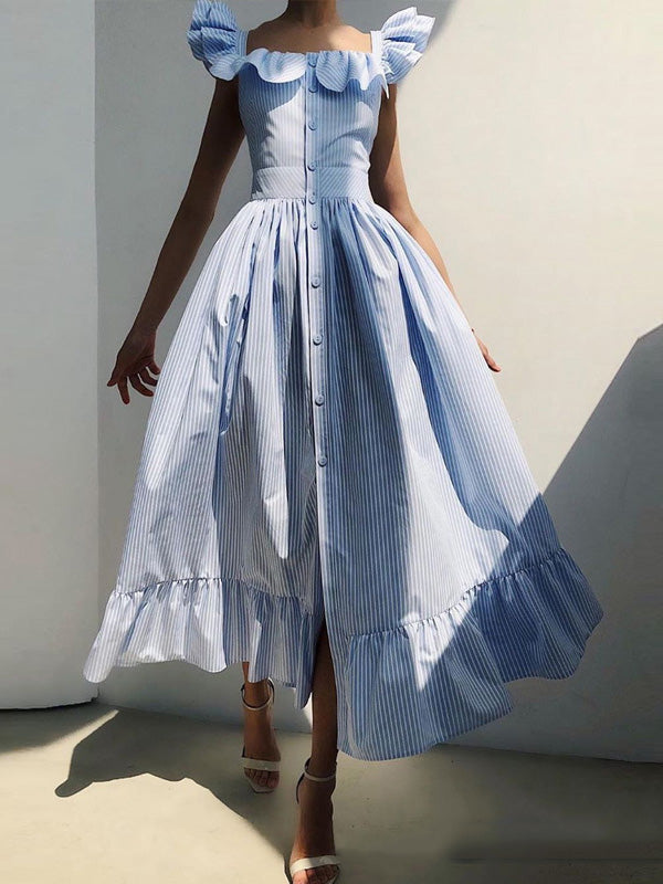 Robe longue ample boutonnée plissée rayée coupe trapèze, à bordure volantée, à col carré