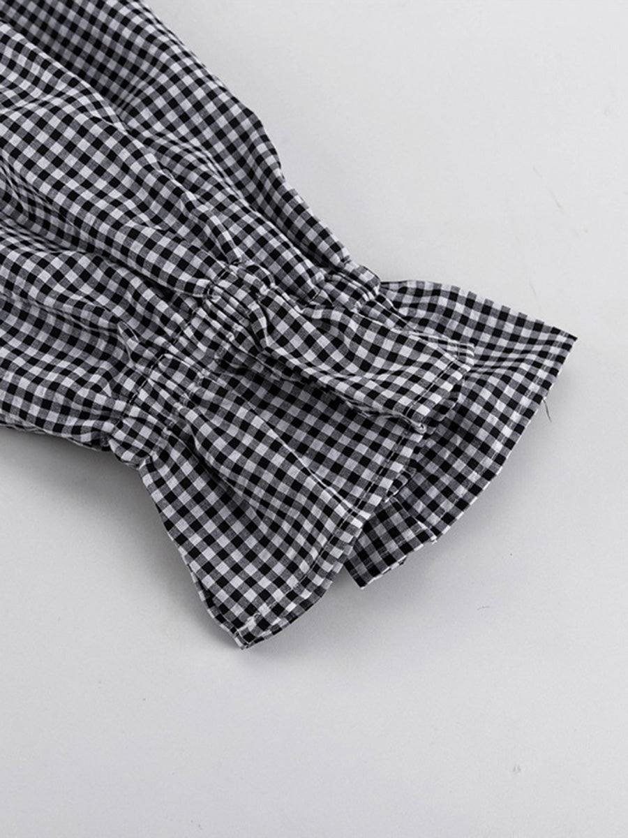 Ensemble deux pièces ample volanté boutonné à carreaux, à empiècements, à manches longues, à col revers, couleur contrastée – chemisier + pantalon