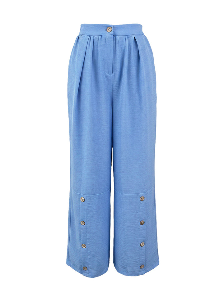 Pantalon ample boutonné à jambes larges, à poches, couleur unie