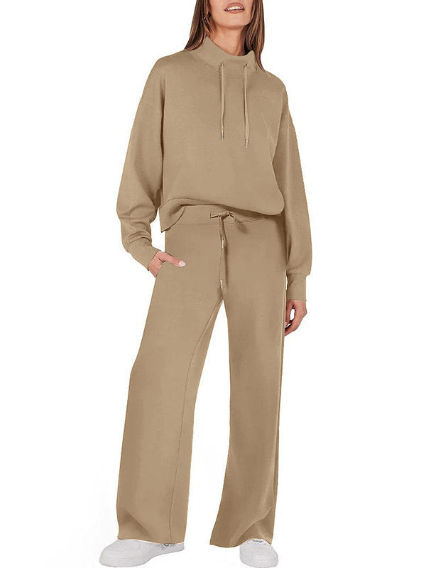 Ensemble deux pièces taille haute, manches longues, cordon de serrage, sweat-shirt fendu + pantalon/pantalon