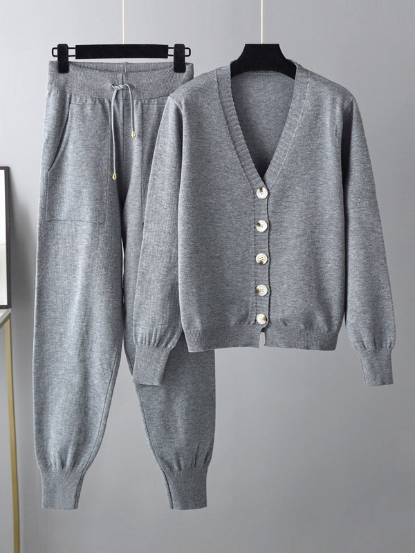 Ensemble deux pièces décontracté ample à col en V, couleur unie – cardigan + sarouel