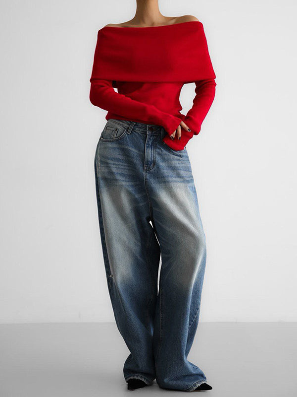 Pull ample à manches longues, à épaules dénudées, couleur unie