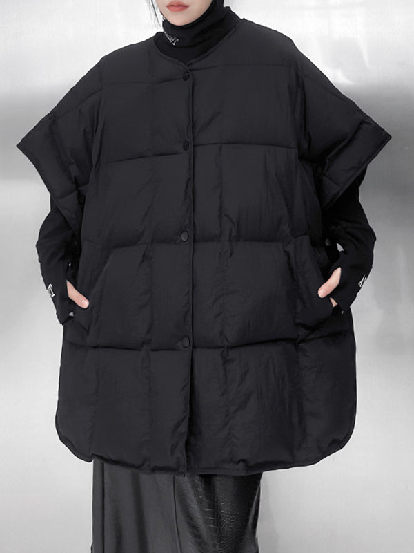 Gilet matelassé boutonné à manches chauve-souris, à manches mi-longues, à col rond, couleur unie