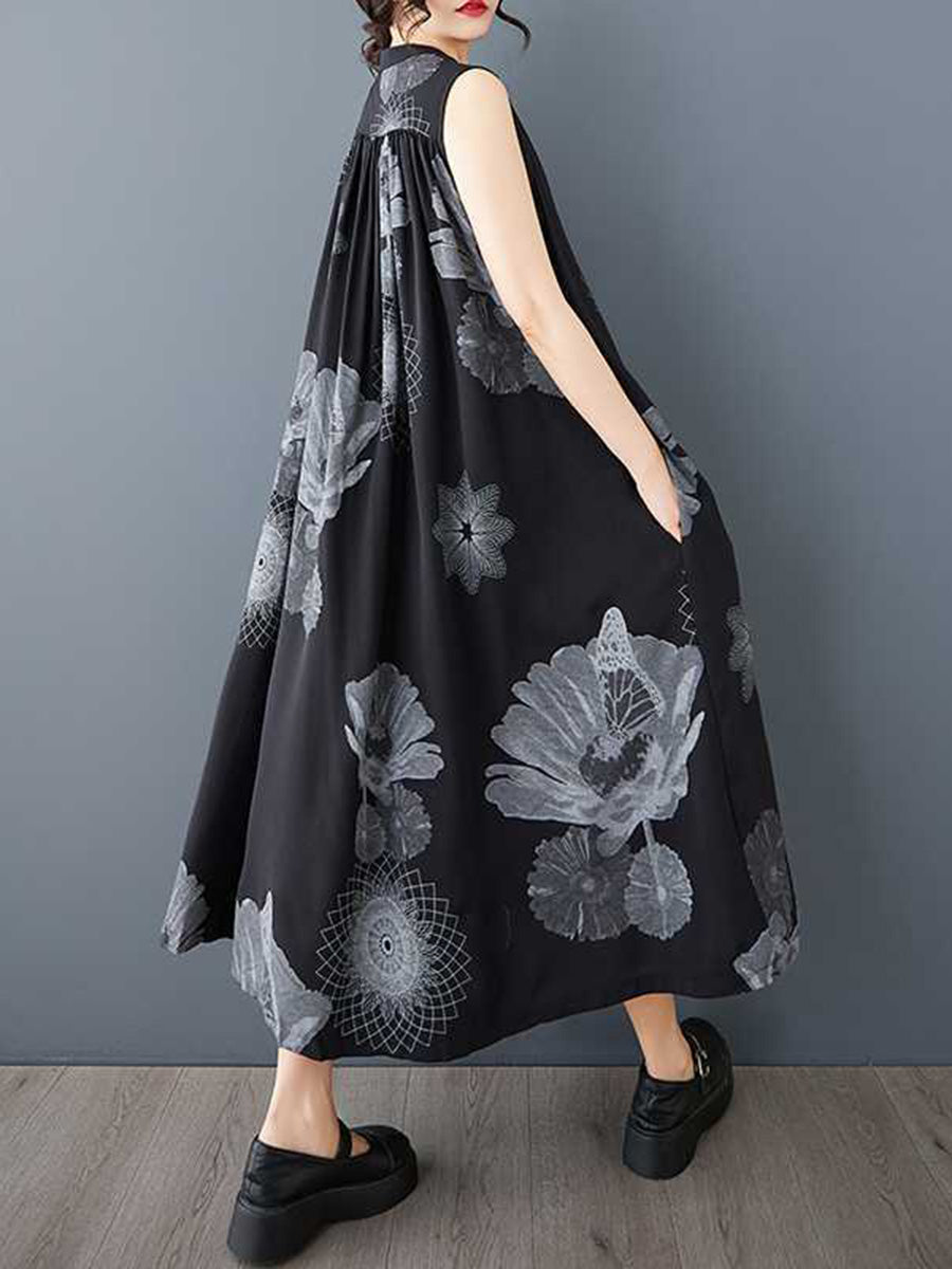 Robe mi-longue ample boutonnée plissée coupe trapèze, à imprimé floral, à poches, à col rond