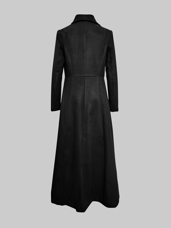 Manteau en laine boutonné coupe trapèze, à manches longues, à poches, à fermeture éclair, à col revers, couleur unie