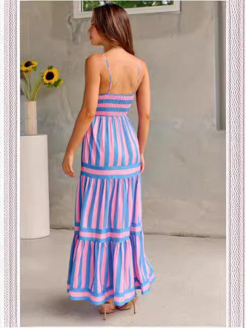 Dalia - Robe maxi rayée rose et bleue