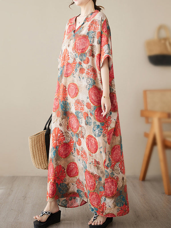 Robe longue ample imprimée à manches courtes, à col en V